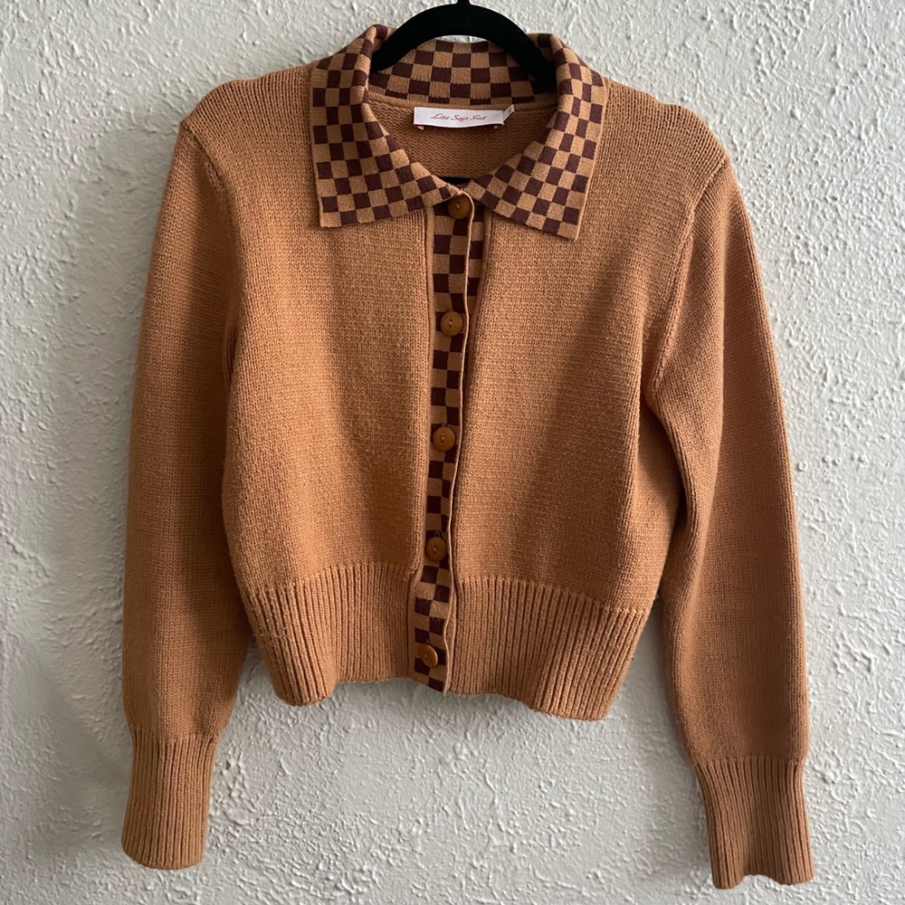 Lisa Sats Gah Brown Checker Battenberg Cardigan
